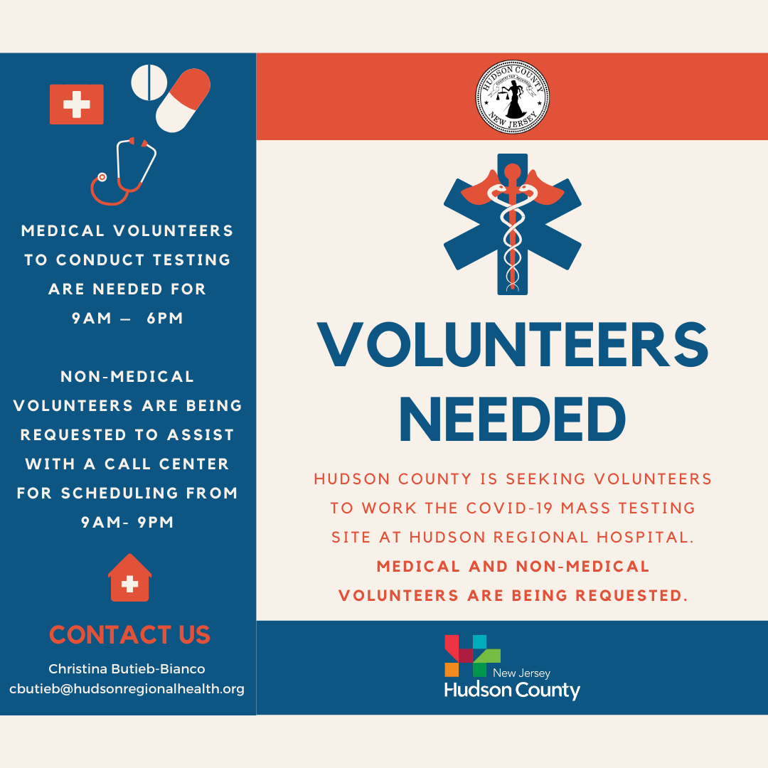 Volunteers Needed - Secaucus Testing Site - March 2020