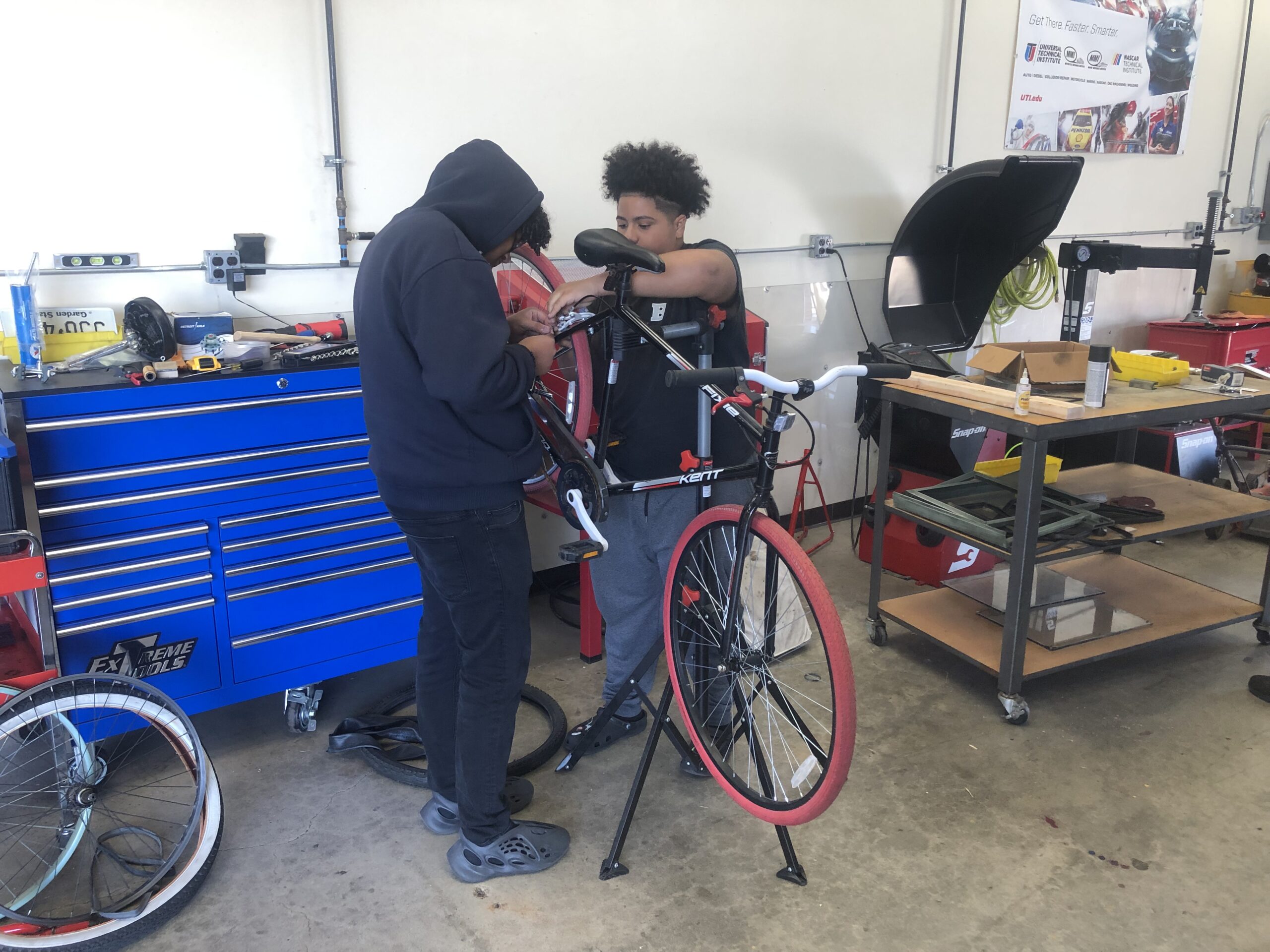 Students in Mr. Topolewski Automotive class acquire the proper skills to tune up and adjust their own bicycles